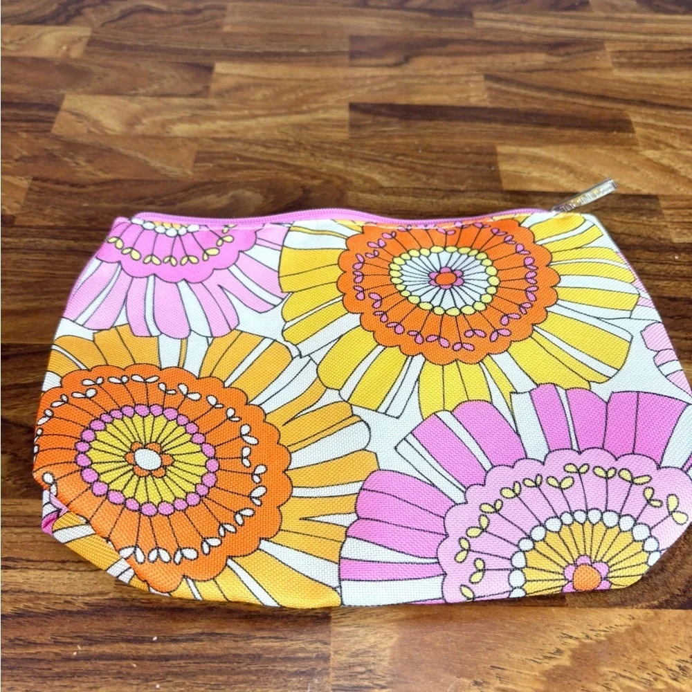 Clinique Floral Zip Cosmetic Bag Pink Orange Retro Print